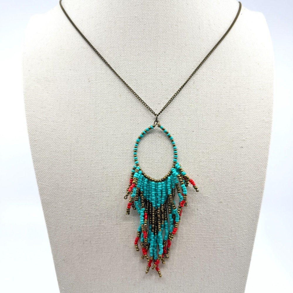 Vintage Boho Beaded Fringe Necklace Teal Red Bronze Y2K Statement Pendant